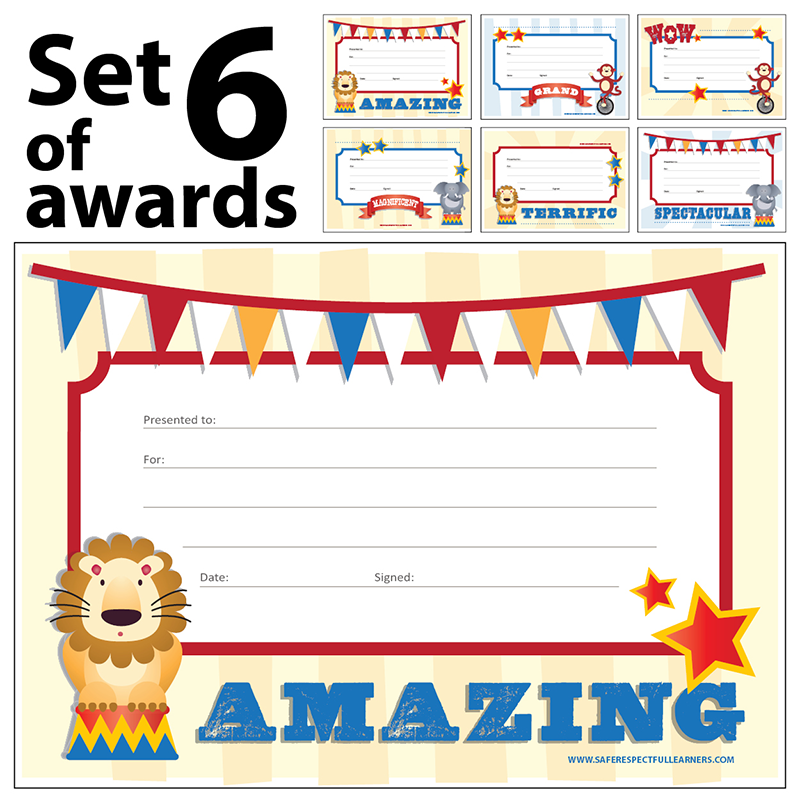 Awards, Set of 6, Circus – Safe Respectful Learners